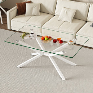 English Elm 39.37" Rectangle Clear Glass Coffee Table With White Metal Legs - Modern Design For Stylish Living Rooms W241P227980
