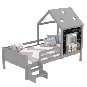 English Elm Full Bunk Bed with Trundle Bookshelf Storage Pine Frame Car Design for Kids Gray W1580S00294