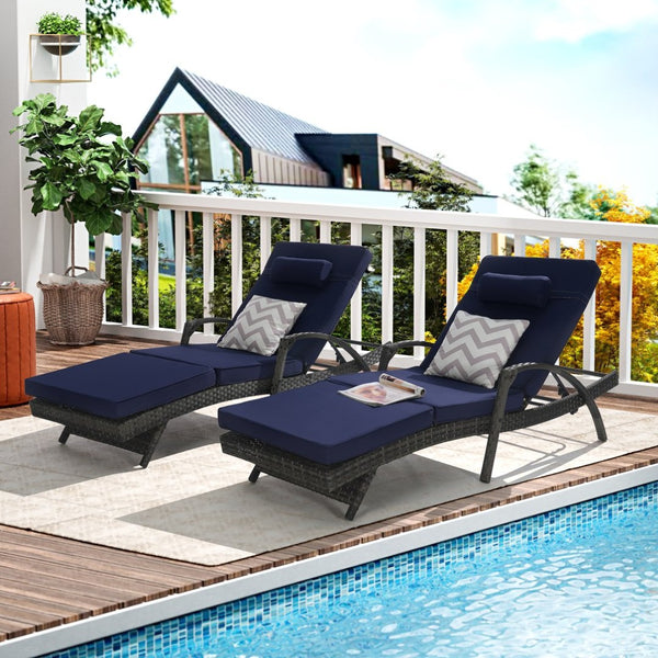 English Elm Outdoor Wicker Reclining Lounge Chair Set Of 2, Adjustable Cushions For Poolside Relaxation & Comfort W874P264731-GIGA
