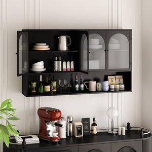 English Elm 47.25" Four-door Glass Wall Cabinet Storage - Durable Iron & Tempered Glass, Space-Saving Vertical Organizer Black W757P205949