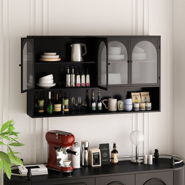 English Elm 47.25" Four-door Glass Wall Cabinet Storage - Durable Iron & Tempered Glass, Space-Saving Vertical Organizer Black W757P205949