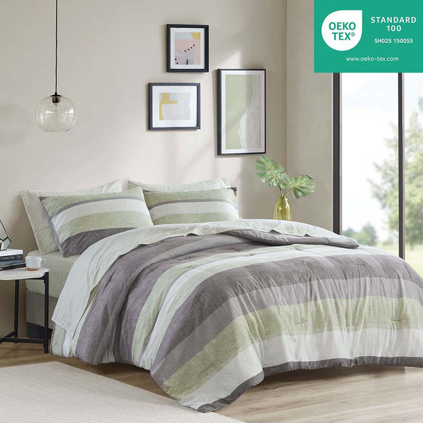 JLA Home Madison Park Essentials - Stripe Comforter Set with Coordinated Sheets, OEKO-TEX Antimicrobial Comforter, Machine Washable, Fits Up to 14" Mattress Green/Grey MPE10-1070