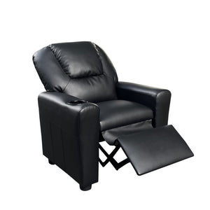 English Elm Carisa Youth Pu Leather Recliner Chair with Cupholder for Playroom or Bedroom Black B2749P413217