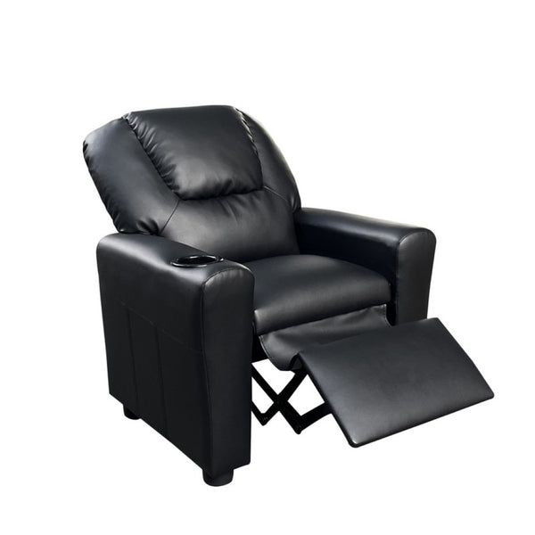English Elm Carisa Youth Pu Leather Recliner Chair with Cupholder for Playroom or Bedroom Black B2749P413217