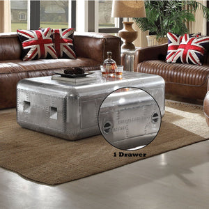 English Elm Brancaster Aluminum Coffee Table - Silver Trunk Design w/ Patchwork Aluminum, Drawer Storage, 52"W B2726P291910
