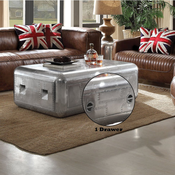 English Elm Brancaster Aluminum Coffee Table - Silver Trunk Design w/ Patchwork Aluminum, Drawer Storage, 52"W B2726P291910