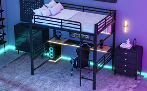 English Elm Full Size Metal Loft Bed Frame with Desk, LED Lights, Storage Shelves & Guardrails for Gamers DL002208AAB