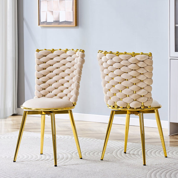 English Elm Set of 2 Velvet Dining Chairs with Braided Rope Backrests and Sculptural Metal Legs Beige W1512P491458