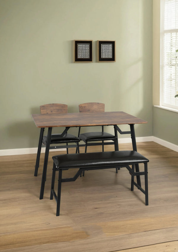 English Elm Modem Modern 4-Piece Dining Table Set with Upholstered Chairs & Bench, Space-Saving MDF Metal Design Black Brown W515P247208