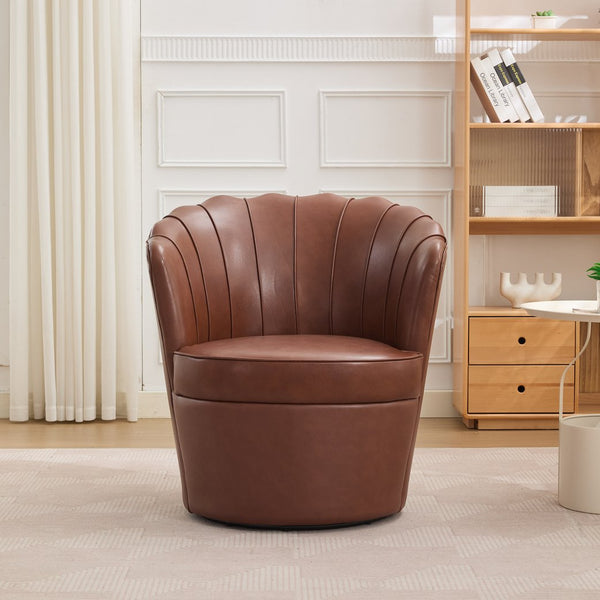 English Elm Brown Petal Swivel Chair - 360° Metal Base, Top-Grain Leather Wingback, Fluted Curved Accent Seat for Home Office Comfort and Style W570P375742