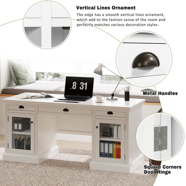 English Elm 67" White Executive Desk with Cabinet Storage Drawers and Usb Ports for Home Office N751S415499K
