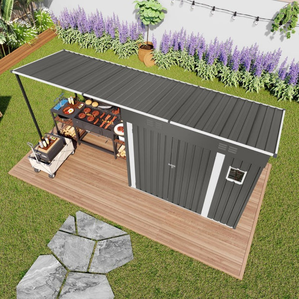 English Elm 12x4ft Steel Lean to Shed with Open Pergola Combo Backyard Storage and Shaded Patio W3213S00011