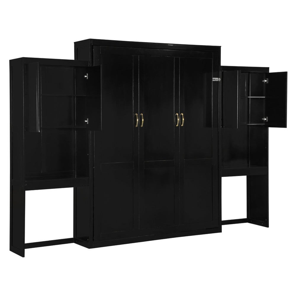 English Elm Queen Size Murphy Bed With Integrated Desk, Flip-Up Vanity & Storage Cabinets In Espresso Finish N820S10057P-GIGA