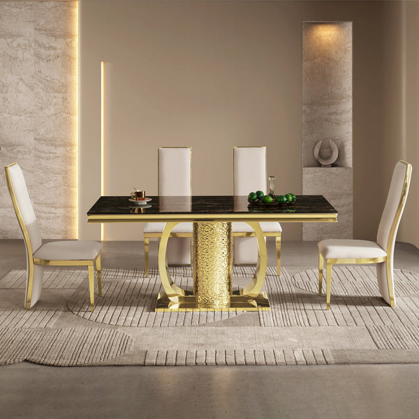 English Elm Gold Stainless Steel Dining Table With Sleek Black Tempered Glass Top - Modern Elegance & Durability W2723S00046