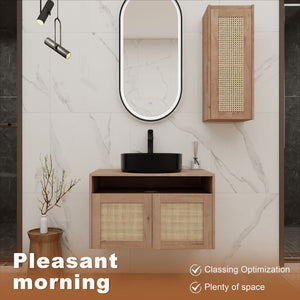 English Elm 30" Floating Bathroom Vanity Set with Ceramic Vessel Sink and Rattan Side Cabinet W999S00496