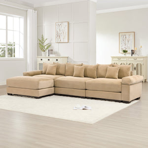 English Elm 130" Oversized Modular L-Shaped Sectional Couch In Cozy Camel Corduroy With Ottoman & 9 Pillows W714S01308