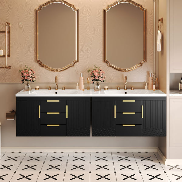 English Elm 36'' Wall Mounted Bathroom Vanity with Sink, Floating MDF Cabinet, 2 Drawers, Rust-Resistant Handles Black N710P253035B