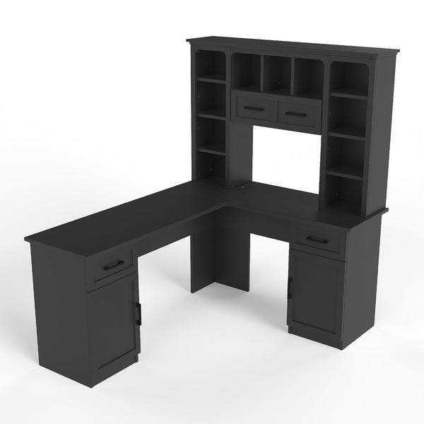 English Elm L-shaped Home Office Desk with Open Shelves Flip Shelf Cabinets and Drawer Storage Black W1580S00493