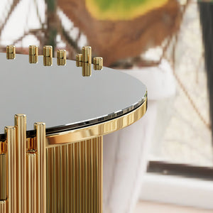 English Elm Modern stainless steel circular coffee table with black tempered glass top, gold frame, anti-slip pads, easy-clean elegance W1727P206859