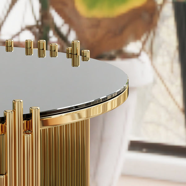 English Elm Modern stainless steel circular coffee table with black tempered glass top, gold frame, anti-slip pads, easy-clean elegance W1727P206859