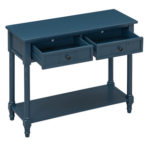 English Elm TREXM Daisy Series Console Table with Two Drawers and Bottom Shelf Vintage-Inspired Pine Accent Piece Dark Navy N715P364059M