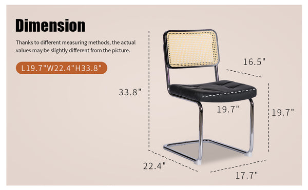 English Elm Dining Mid-Century Cantilever Chairs Set of 2 with Chrome Frame, Rattan Back and Faux Leather Seat Black W2105P230510