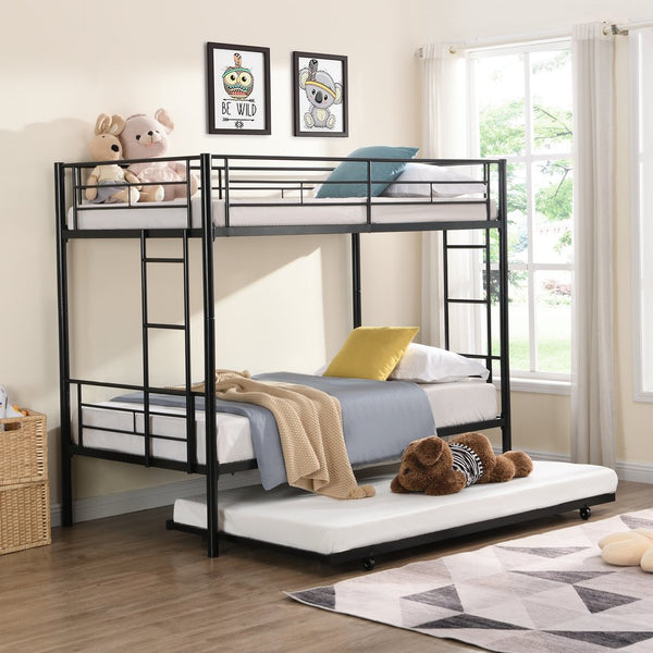 English Elm Twin Twin Over Twin Metal Bunk Bed with Trundle Black - Space-Saving, Sturdy Steel Frame, Quiet Stairs W2297P293753