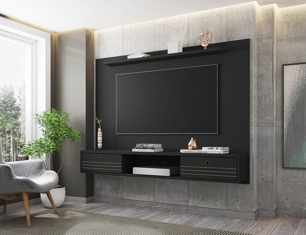 English Elm Liberty 71" TV Panel with Mounting Brackets, Flip-Down Doors, Cable Management & Display Shelf Black B365P398405