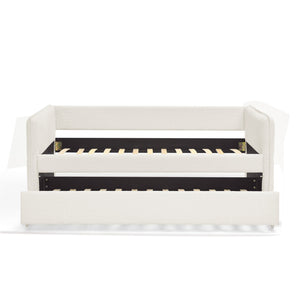 English Elm Daybed With Trundle - Elegant Tufted Sofa Bed In Soft Beige Boucle For Stylish Small Spaces & Guests W1413S00092