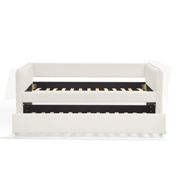 English Elm Daybed With Trundle - Elegant Tufted Sofa Bed In Soft Beige Boucle For Stylish Small Spaces & Guests W1413S00092