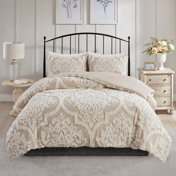 English Elm 3 Piece Tufted Cotton Chenille Damask Comforter Set Full/Queen - Shabby Chic Oeko-Tex Soft Durable taupe 24.02 L x 19.29 W x 11.81 H B03597174