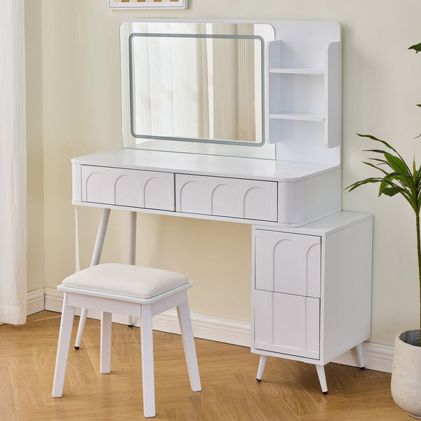 English Elm Modern Makeup Vanity Desk with Slide-Out Cabinet, LED Mirror, 4 Soft-Close Drawers & Cushioned Stool White N844P257529A