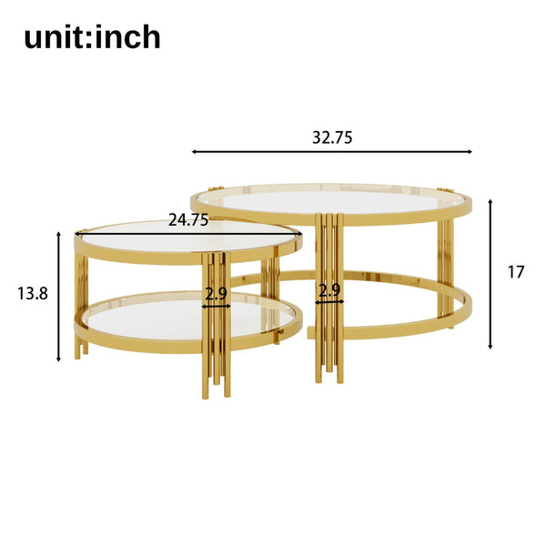 English Elm Modern Nesting Coffee Table Set Textured Tempered Glass Gold Tripod Base Living Room N735P354005A