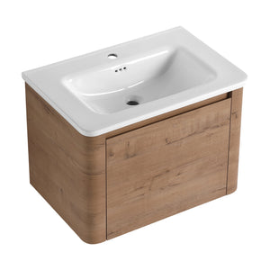 English Elm 28'' Wall-Mounted Bathroom Vanity with Ceramic Sink, Soft-Close Door, Plywood Durability & Space-Saving Design Imitative Oak W999P317929