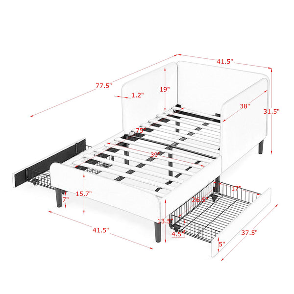 English Elm Twin Velvet Upholstered Platform Bed with 2 Underbed Storage Drawers, Convertible Sofa, Beige Twin W1413P298909