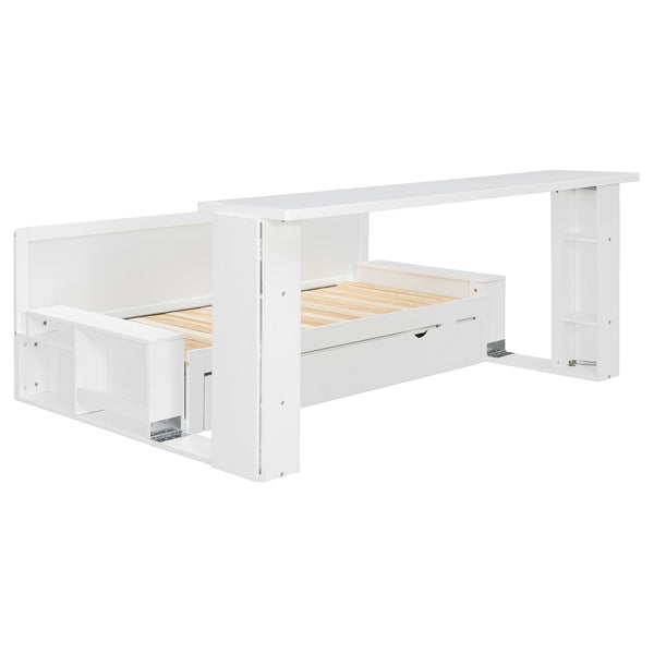 English Elm Queen Daybed with Hydraulic Desk Storage Drawers and Convertible Sofa for Small Spaces White LT000272AAK