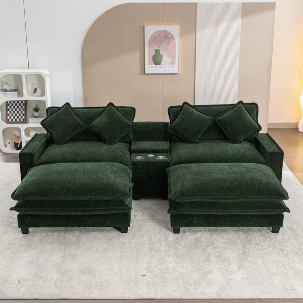 English Elm 111" Sectional Sofa Chenille Upholstered with Removable Ottoman, USB Ports, Cup Holders & Storage Box Green N719S001480F