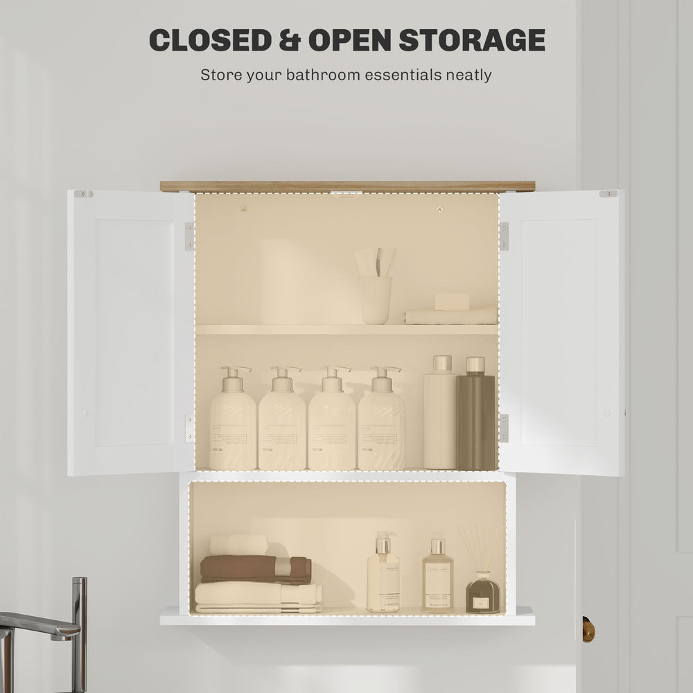 English Elm HOMCOM Modern Wall Bathroom Cabinet with 2 Doors, Adjustable Shelves, Oak Top & Open Shelf, White W2225P250003