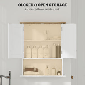 English Elm HOMCOM Modern Wall Bathroom Cabinet with 2 Doors, Adjustable Shelves, Oak Top & Open Shelf, White W2225P250003