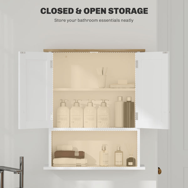 English Elm HOMCOM Modern Wall Bathroom Cabinet with 2 Doors, Adjustable Shelves, Oak Top & Open Shelf, White W2225P250003