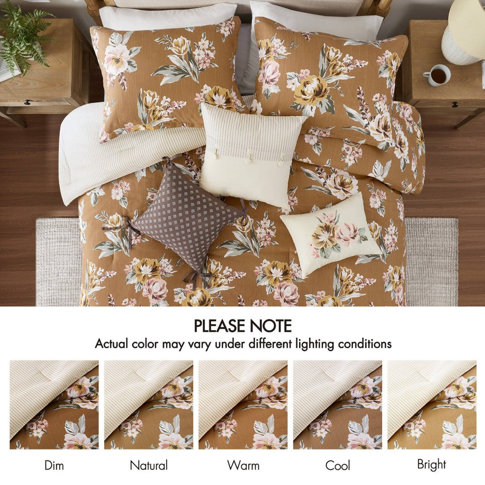 English Elm 7-piece Cal King Vintage Floral Comforter Set with Slub Cotton Reversible Stripe B035P440211
