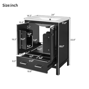 English Elm 24-inch Modern Bathroom Vanity with Ceramic Sink, Soft-Close Doors, Drawer Divider & Ample Storage Black N729P299440B