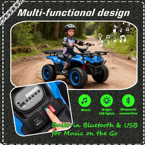 English Elm 24v Dual Motor Kids Atv Ride on with Led Lights Bluetooth Storage Racks Off Road Blue W1578P390449