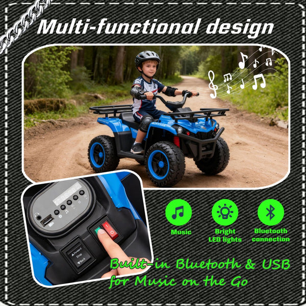 English Elm 24v Dual Motor Kids Atv Ride on with Led Lights Bluetooth Storage Racks Off Road Blue W1578P390449