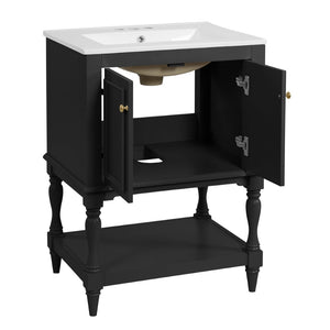 English Elm 24'' French Style Bathroom Vanity with Ceramic Sink Soft Close Cabinet and Drawer Black N710P411341B