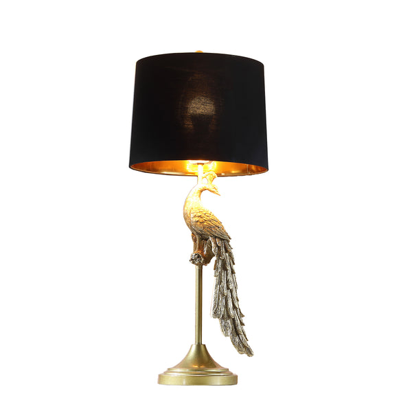 English Elm 29" Golden Peacock Table Lamp on Pedestal - Polyresin Art Sculpture, Black Gold-Lined Shade, 29" B072P222439