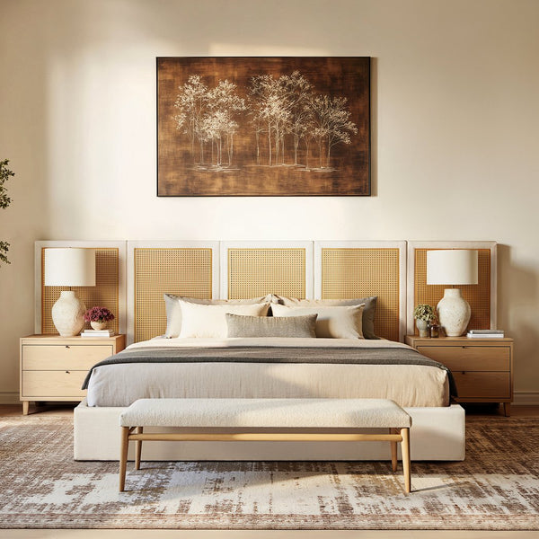 English Elm Jennifer Taylor Home - Capri Upholstered Extended Headboard Cane Platform Bed in Antique White Polyester, Coastal Chic B2719P385740