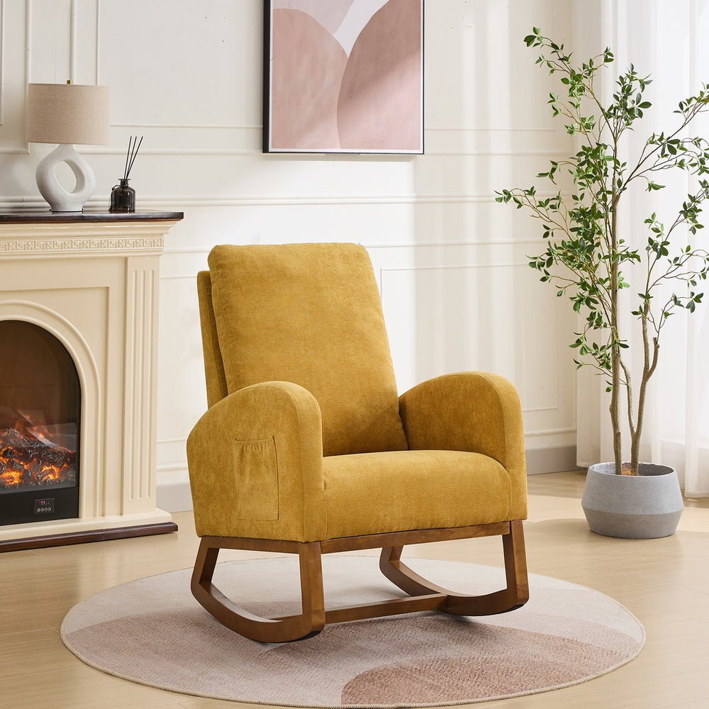 English Elm 27.2"W Rocking Chair Sherpa Glider with High Back and Side Pocket, Cozy Foam Seat, Rubber Wood Legs Caramel W3188P304607