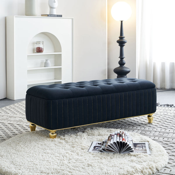 English Elm 47.24''W Storage Ottoman with Deep Button Tufting, Gold Accent Trim, Gas Lift, Sturdy Metal Legs Black W579P224706