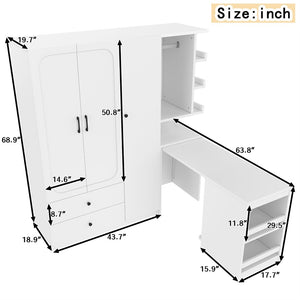 English Elm Multifunctional Wardrobe Cabinet with Fold Out Desk Hanging Rod and Storage Drawers Light White W1580S00475